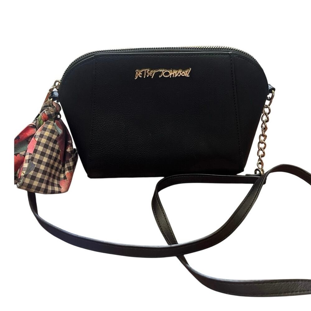 Betsey Johnson Black Dome Crossbody Bag Purse Gold Hardware Floral Scarf Accent